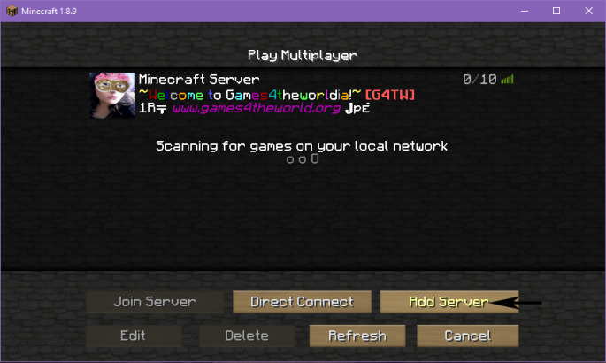 Games4theworld Minecraft server: server page